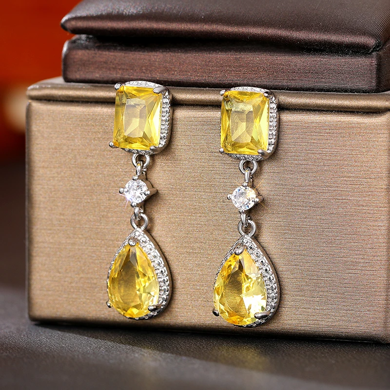 Huitan wunderschöne gelb/rosa Zirkonia Tropfen Ohrringe für Frauen neues Temperament elegante weibliche Accessoires Modeschmuck