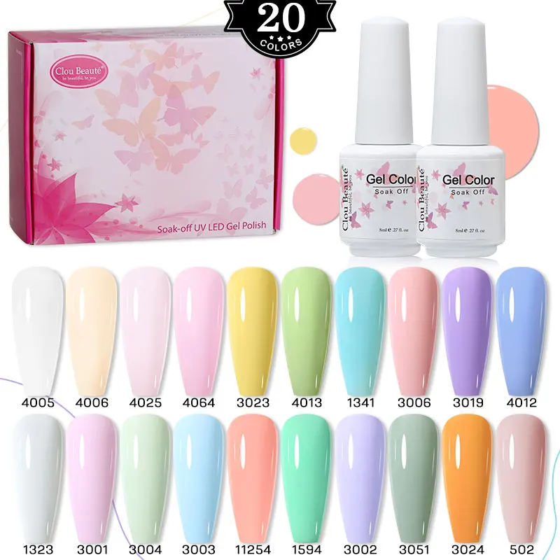 Clou Beaute 20 Flaschen Pastal Color Gel Polish Kit Set 8 ml Glasflasche Soak Off UV LED Nägel Semi Permanent MacaronNail Art Gel Image