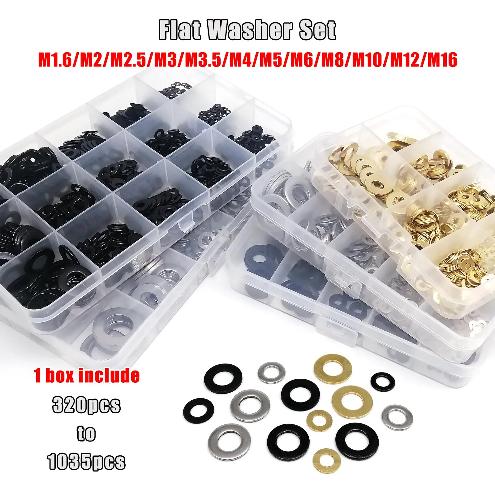 1 Satz Unterlegscheiben, einfache Dichtung, GB97-Mix, M1,6, M2, M2,5, M3, M4, M5, M6, M8, M10, M12M16, Sortimentsset, Schwarz, 304 A2, Edelstahl, Messing Image