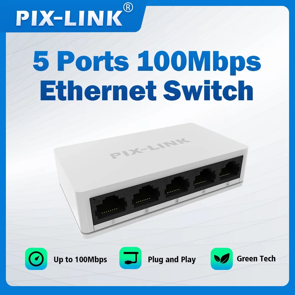 PIX-LINK SW05 Netzwerk-Switches, 5 V, Mini-Ethernet, 5 Ports, keine LEDs, 10/100 Mbit/s, schnelle kabelgebundene Netzwerk-Erweiterungslösung für das Heimbüro Image