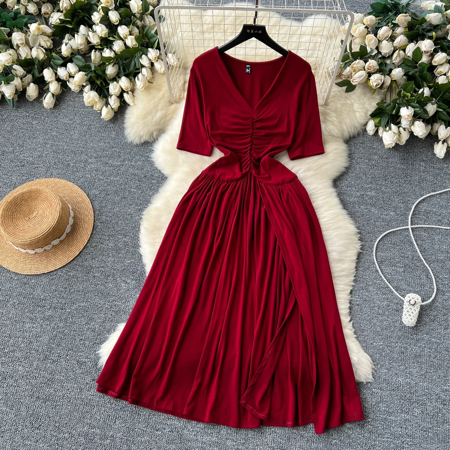 2026 sommer Vintage V-ausschnitt Split Midi Kleid Für Frauen Elegante Kurzarm Hohe Taille A-Line Schlank Grün/Rot/lila Vestidos