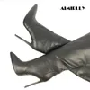 Damen kniehohe Stiefel spitze Zehen High Heels Schuhe schwarze Knies tiefel Damen elegante Winter