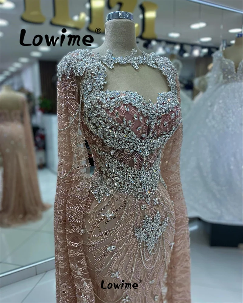 Dubai Arabisch Rosa Abendkleid Umhang Ärmel lange Luxus Ballkleider maßge schneiderte Plus Size Meerjungfrau Party kleider für Hochzeiten Robe