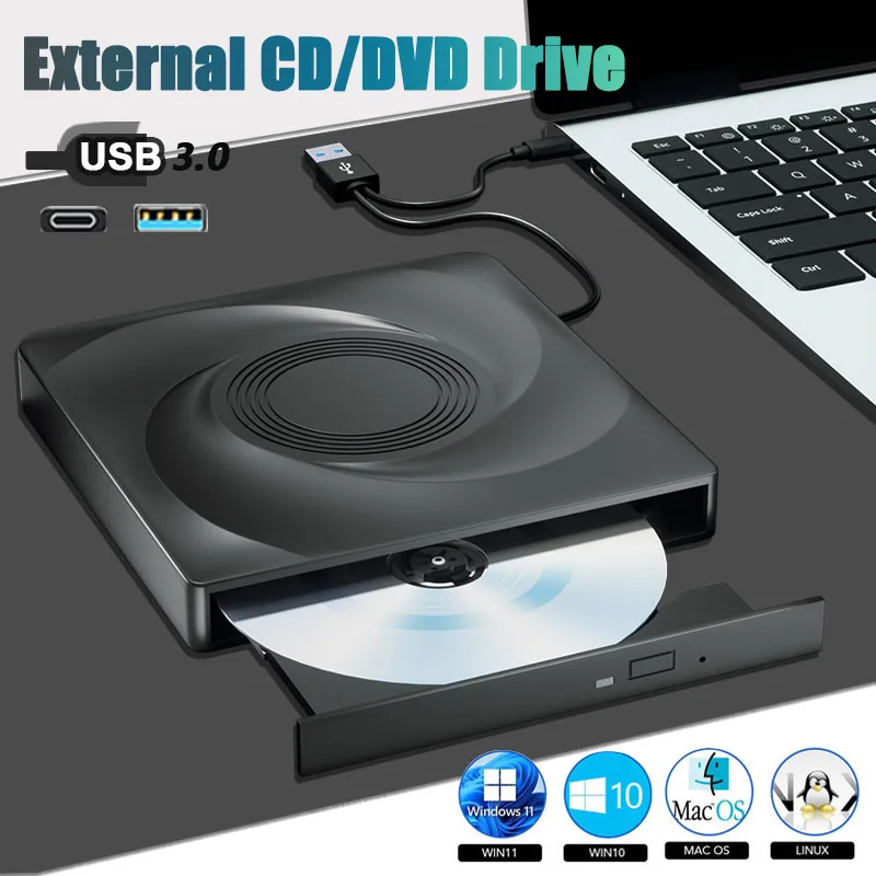 USB3.0 Typ C Externes CD DVD RW Optisches Laufwerk DVD/VCD/CD-Brenner Tragbarer Player-Schreiber für Laptop-Desktop-PC Windows 11 10 Image