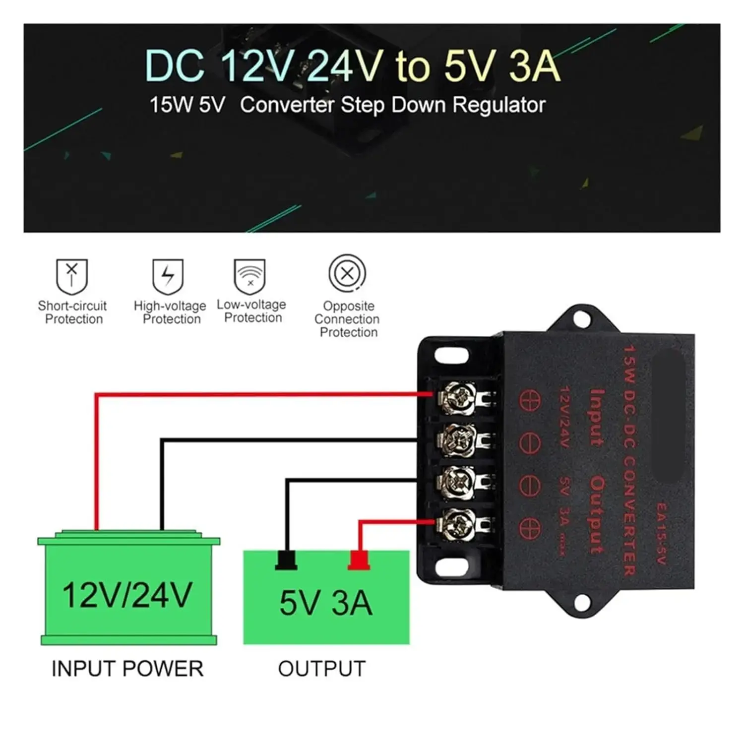 DC-Konverter, Spannungsreduzierer, Regler, Abwärtswandler, Netzteil, Volt-Transformatormodul, 12 V, 24 V auf 5 V, 3 A, 5 A, 10 A, 15 A Image