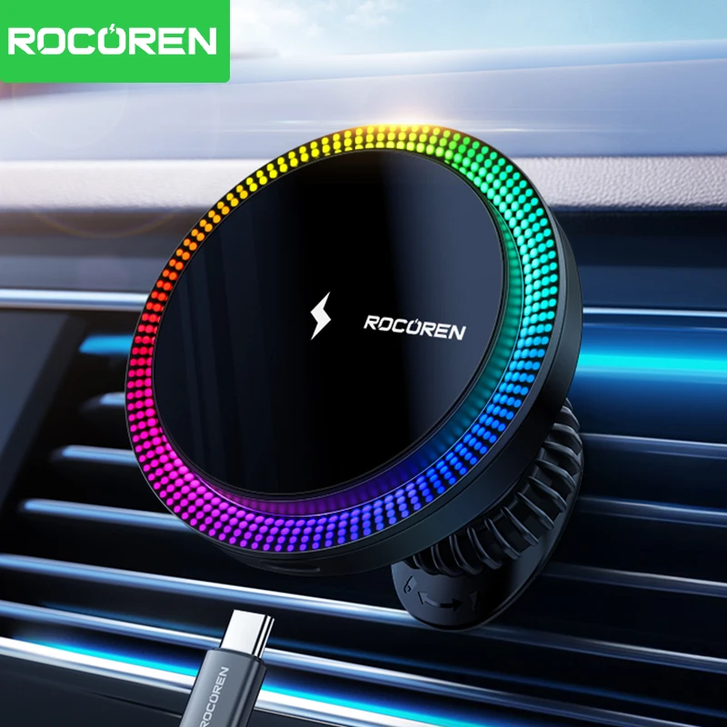 Rocoren Magnetisches Autoladegerät, schnelles Aufladen, kabelloses Ladegerät mit RGB-Licht, Magnet, Autohalterung, Ständer für iPhone 15, 14, 13 Pro Max Image