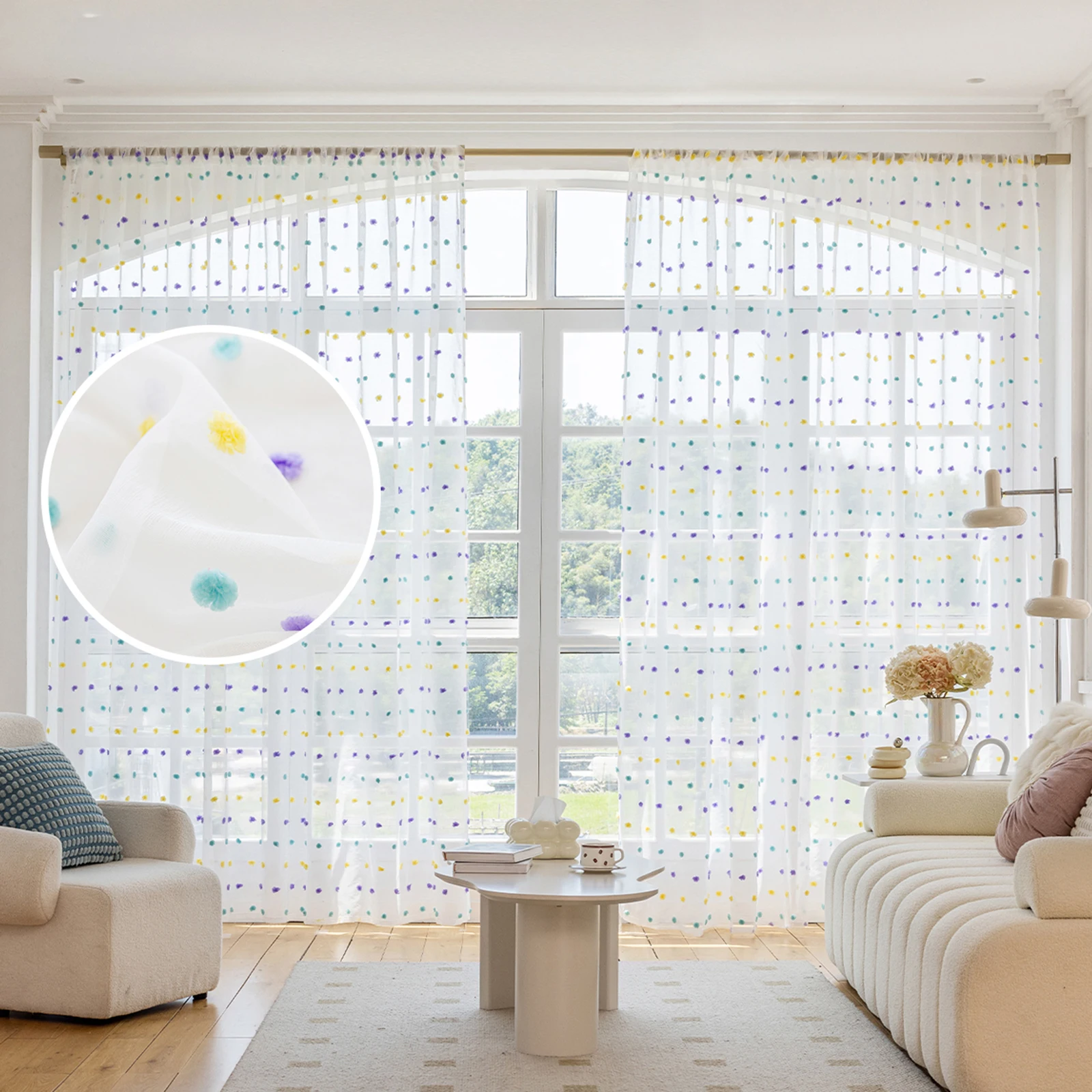 1/2 Paneele transparente Vorhänge Boho Voile Vorhänge bunte Pompon Rod Tasche Tüll halb transparente Fenster vorhänge für Wohnzimmer Schlafzimmer Image