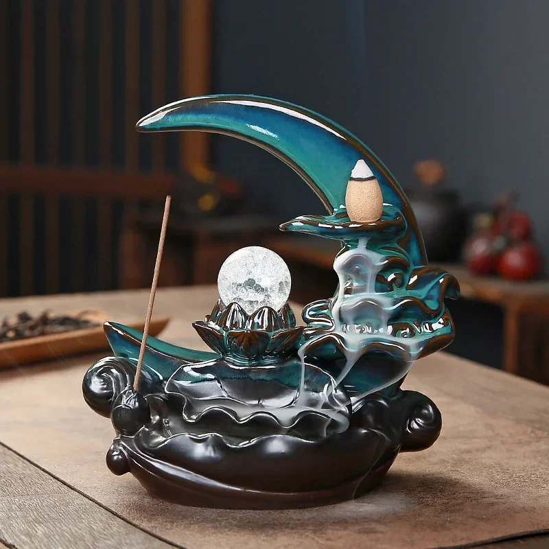 Mondlicht über dem Lotusteich, Keramik, Kunsthandwerk, Heimdekoration, Wasserfall, Rückfluss, Weihrauchbrenner, Räucherstäbchenhalter Image