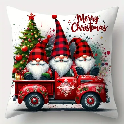1 Stück Weihnachts-Kissenbezüge, Zwergen- und LKW-Druck, saisonale Feiertagskissen, 45,7 x 45,7 cm, dekorativer Sofa-Akzent Image