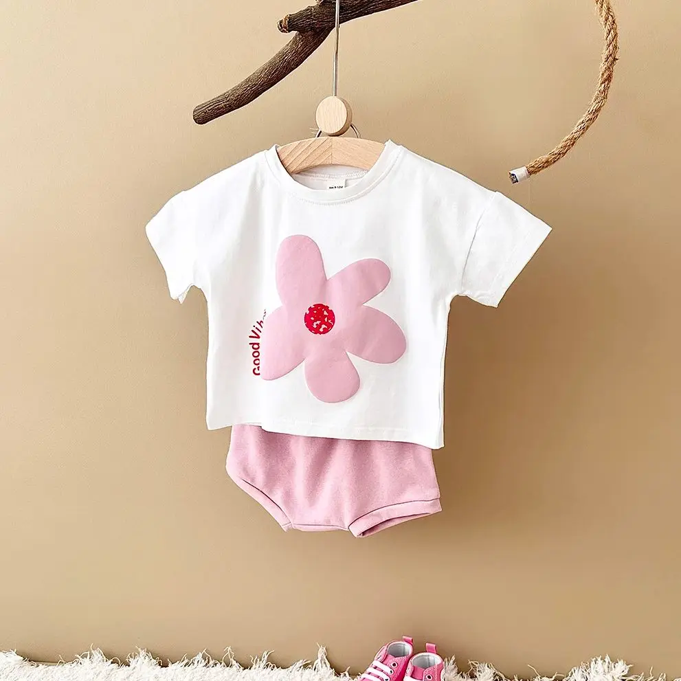 2024 sommer Neugeborenen Mädchen Kleidung Baby Set Blume Drucken Kurzarm T-shirt + Strand Shorts Baumwolle Freizeit Urlaub Junge anzug 0-3Y Image