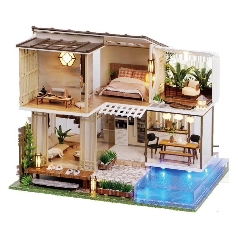 Neue Holz Puppe Haus Kit Miniatur mit Möbel Schwimmbad Moderne Loft Casa DIY Villa Puppenhaus Spielzeug Erwachsene Weihnachten Geschenk