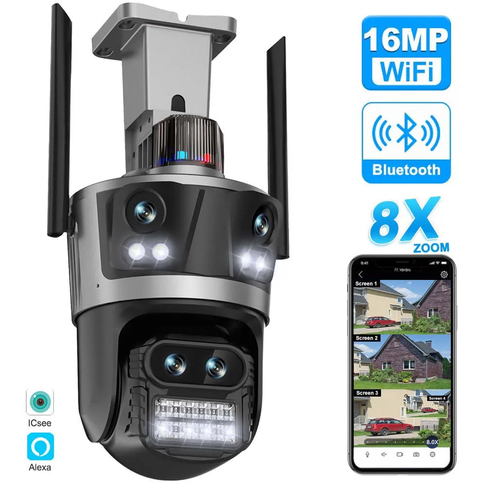 8K 16MP WiFi-Kamera, 8X Zoom Outdoor PTZ Überwachungskamera mit vier Objektiven, Auto-Tracking-Sicherheitsschutz IP-Kamera, Smart Home CCTV-Kamera, Wasserdichte Videoüberwachung, ICsee Image