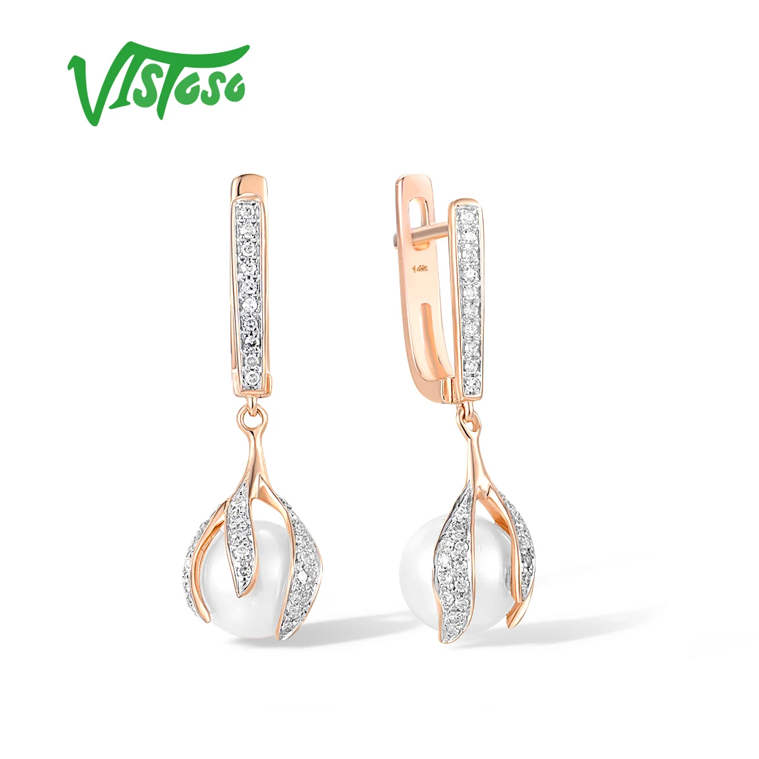 VISTOSO Echt 14 K 585 Rose Gold Ohrringe Für Frauen Süßwasser Weiße Birne Funkelnden Diamanten Baumelnden Party Elegante Edlen schmuck