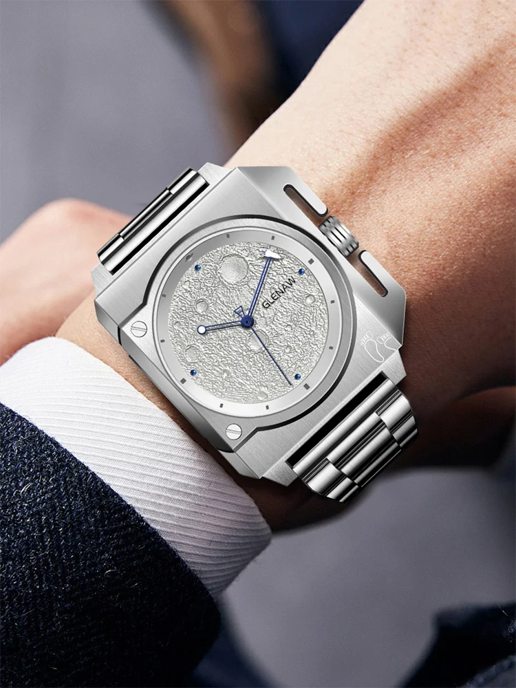 Original Marke einzigartiges Design Glenaw mechanische Uhr 40*41mm Mond Zifferblatt leuchtende Raumschiff Zeiger Edelstahl Uhr für Männer Image