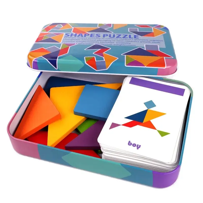 Kinder Holz Bunte Tangram Eisen Box Lagerung Puzzle Frühe Bildung Intelligenz Anzahl Buchstaben Holz Spielzeug Image