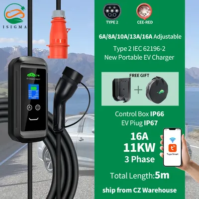 Isigma 11kw 16a typ2 tuya app wifi steuerung ev tragbare lade box elektroauto ladegerät cee roter stecker fahrzeug ladegerät 5m