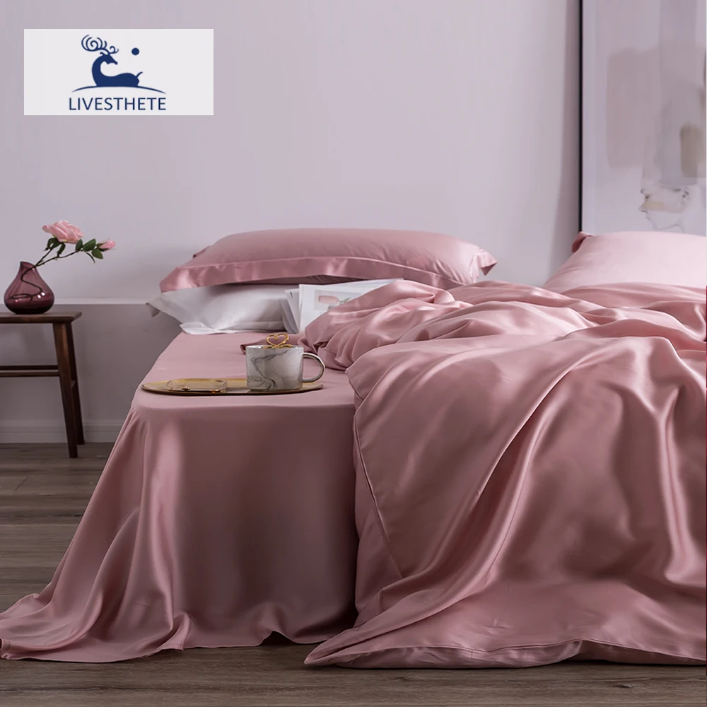 Liv-Esthete Sommer Top Grade Natur 100% Seide Rosa Bettwäsche Set Frauen Bettlaken Quilt Abdeckung Set Kissenbezug Königin König bett Set Image