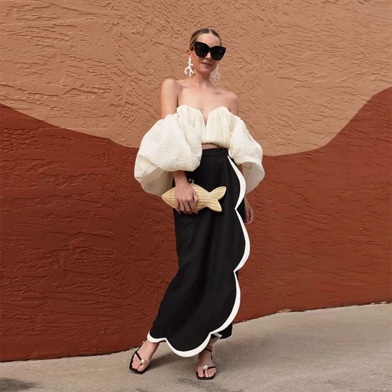 Schwarze Satin lange Röcke Mode Frauen Abschluss ball Party formelle Kleidung weiße Kante Dame Rock Hochzeit Gast Saias lange Party kleider Image