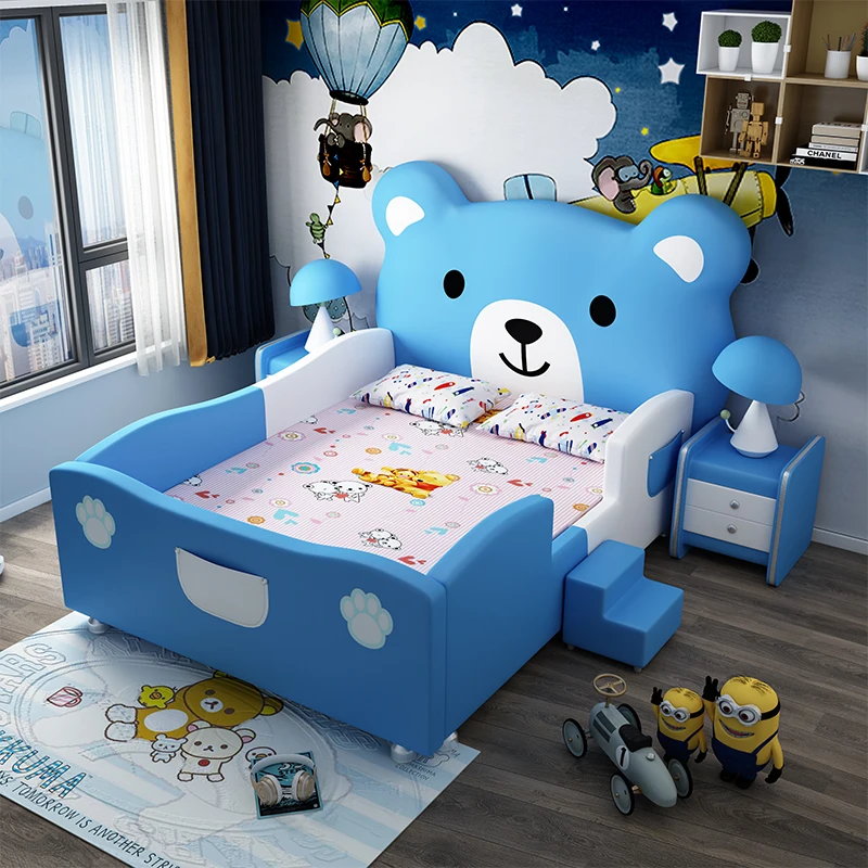 Kreative Cartoon Bär kinder Bett Moderne Einfache Prinzessin Bett Massivholz 1,5 m Einzel Bett Mit Leitplanke Cama Möbel hause Image