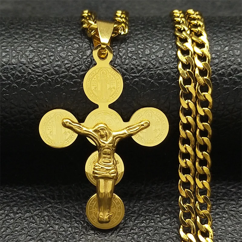 Punk Saint Benedict Cspb Halskette für Frauen Männer Edelstahl Gold Farbe Jesus Kruzifix Kette Schmuck San Benito 6280-qkc Image