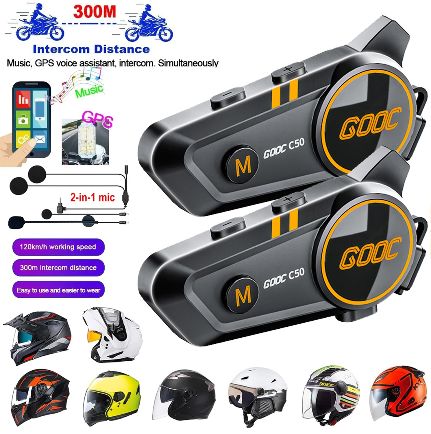 1/2x Musik Sprechanlage Bluetooth 5,3 Motorrad Helm Intercom Headset Wasserdicht 300m Intercomunicador Lautsprecher Kopfhörer Image