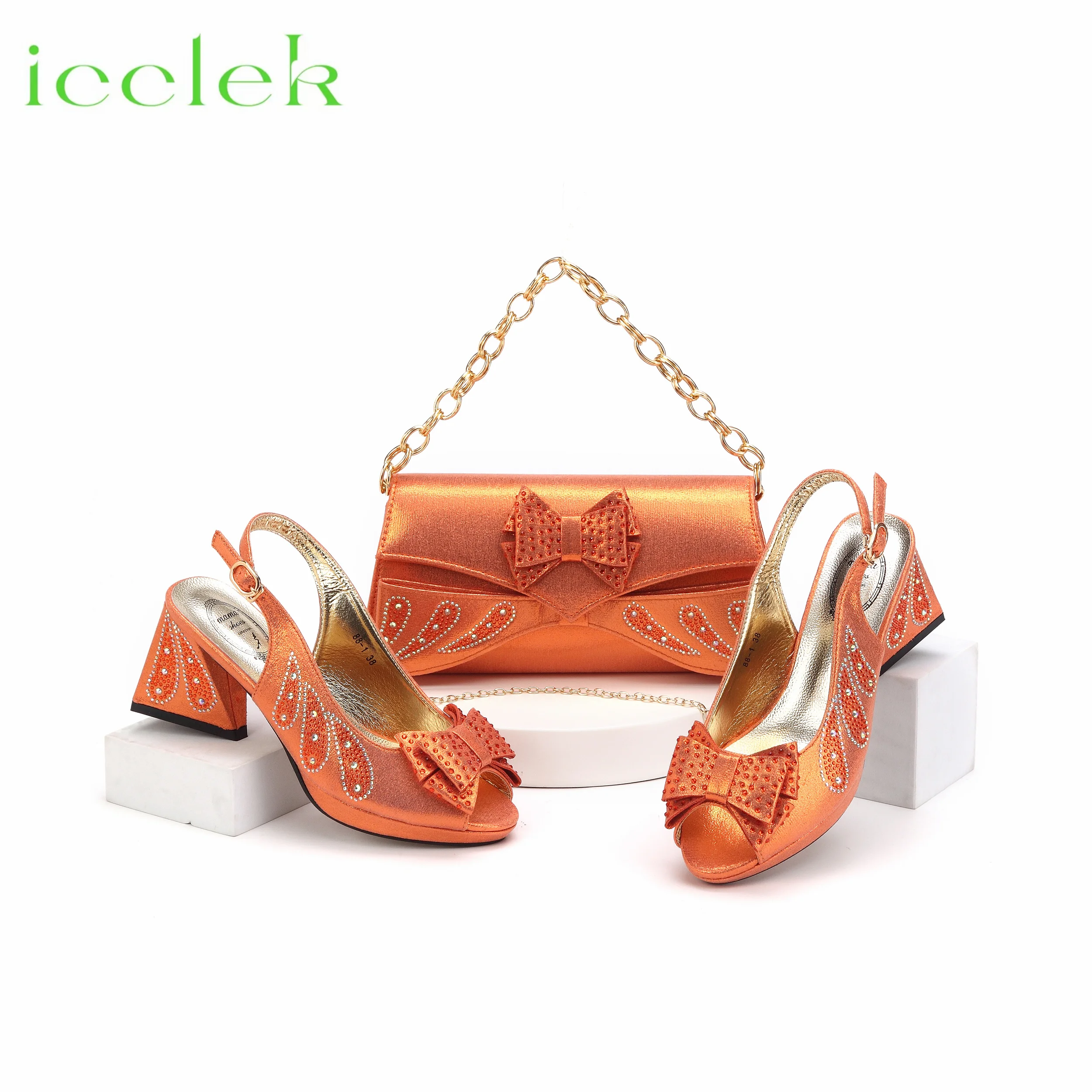 2024 hochwertige Peep Toe Schmetterling Design Damenschuhe passende Tasche in orange Farbe für Mode Party Frauen gesetzt