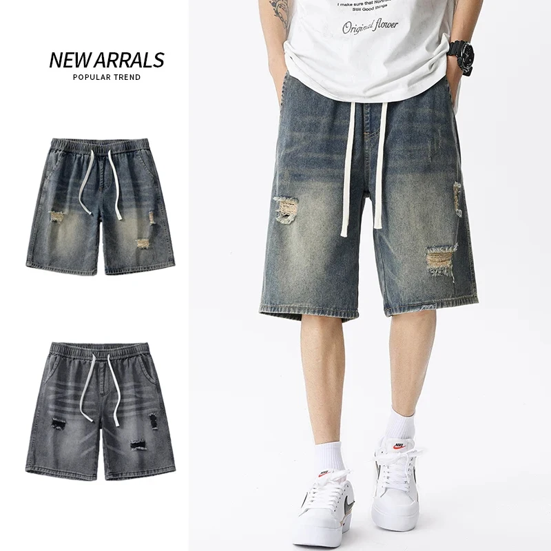 Sommer Dünne Denim Shorts männer Retro Streetwear Blau Grau Stretch Gerade Lose Modische Casual Zerrissene Kurze Jeans Männer