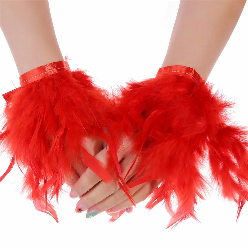 Straußenfeder Manschette Handgelenk Ärmel Frauen Pelz Straußenfeder Armmanschette Feder Snap Handgelenk Ärmel Armband Klatschen Satin Hemd Elegant Image