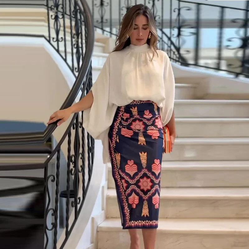 Frauen Rock Set Zwei Stück Sets Dünnes Kleid Sets Bodycon Print Floral Volle Hülse Rundhals Elegante Splice Tops Lange Röcke Sexy Image