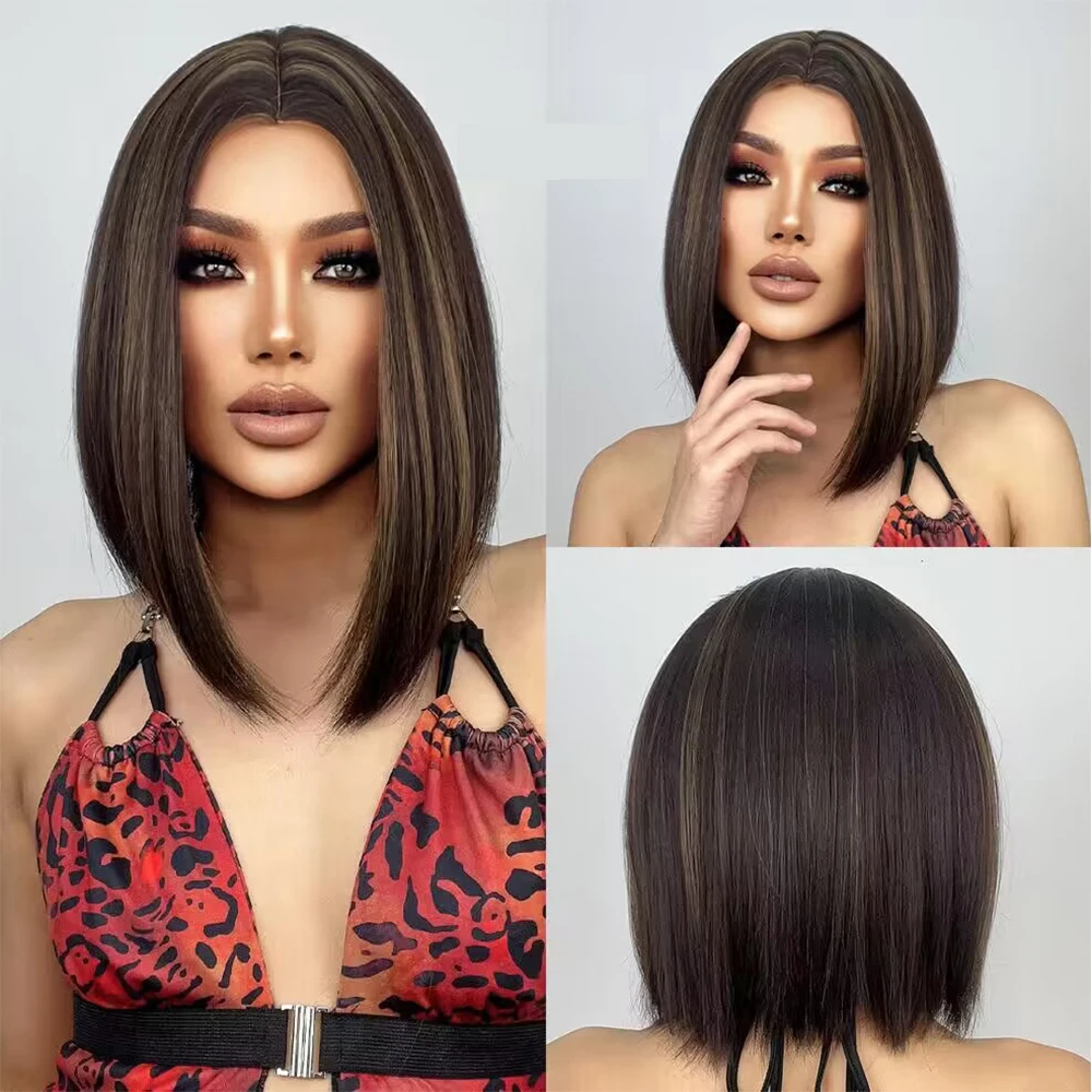 Dunkelbraune kurze gerade Bob synthetische Perücken markieren gold blonde Haare Mittelteil Perücken für schwarze Frauen Afro tägliche Party verwenden