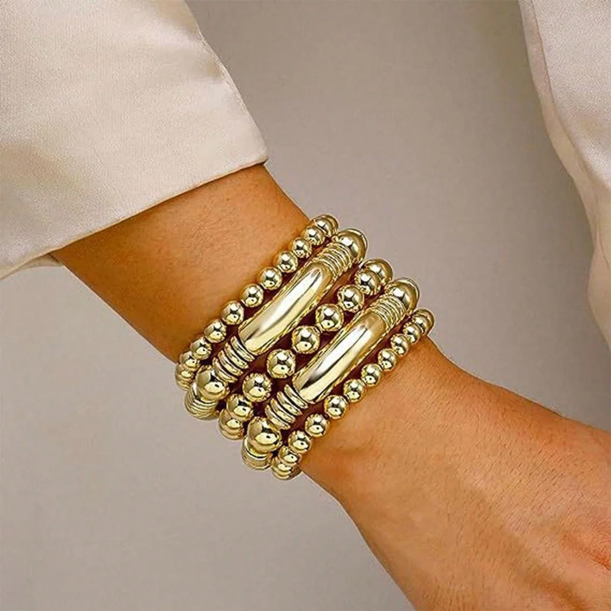 5 Teile/satz Punk Vintage Gold Farbe Runde Perlen Armbänder für Frauen Übertrieben Big Ball Elastische Charme Armreifen HipHop Party Schmuck