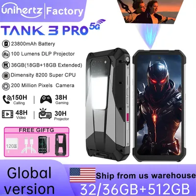 Unihertz Tank 3 Pro 8849 Projektor Smartphone Android 5G Telefon 32/36 GB 512 GB Abmessung 8200 120 W Schnellladegerät 200 MP Mobiltelefone