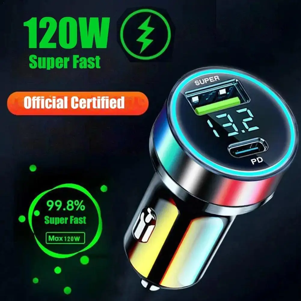 Auto Ladegerät Super Schnelle Lade Adapter Typ C USB 120 W + PD20 W Tragbare 2 Port Für Iphone Für Huawei für OnePlus Auto Elektronik Image
