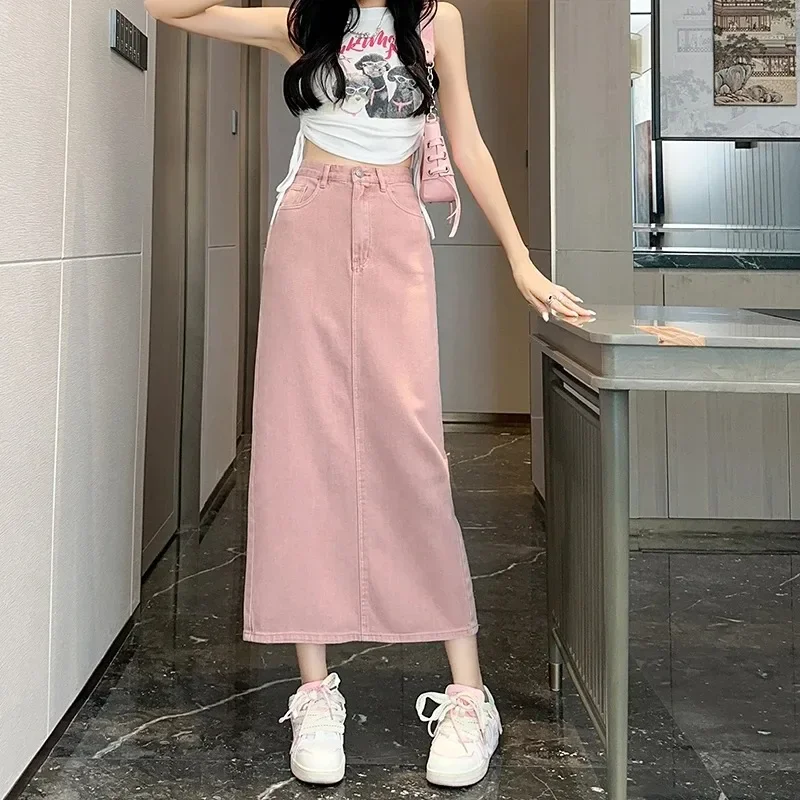 Neue Sommer frauen 100% Baumwolle Denim Shorts Rosa Hohe taille Schlitz Retro Elegante Modische Casual Denim Langen Rock weibliche Image