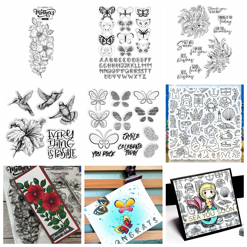 Klare Briefmarken Blumen Bäume Vogel meeres tiere Schmetterling Satz Satz Briefmarken für DIY Sammelalbum Fotoalbum Bastel karte verwendet Image