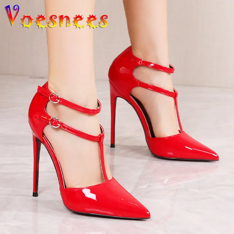 Sommer Seite Leer Elegante Frauen High Heels 12CM Mode Spitzen Kopf Party Einzelnen Schuhe Rot T-Band Hochzeit kleid Stilettos Pumpen