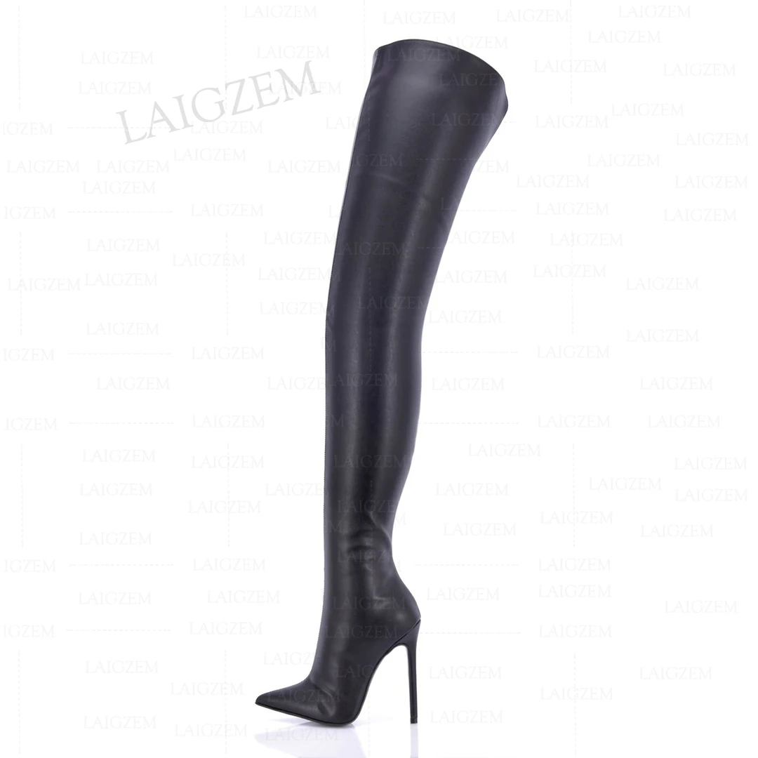 Zhima Frauen Schritt hohe Stiefel Seite Reiß verschluss Kunstleder dünne High Heels Stiefel Oberschenkel hoch über Knie Schuhe Frau große Größe 41 43 45 47