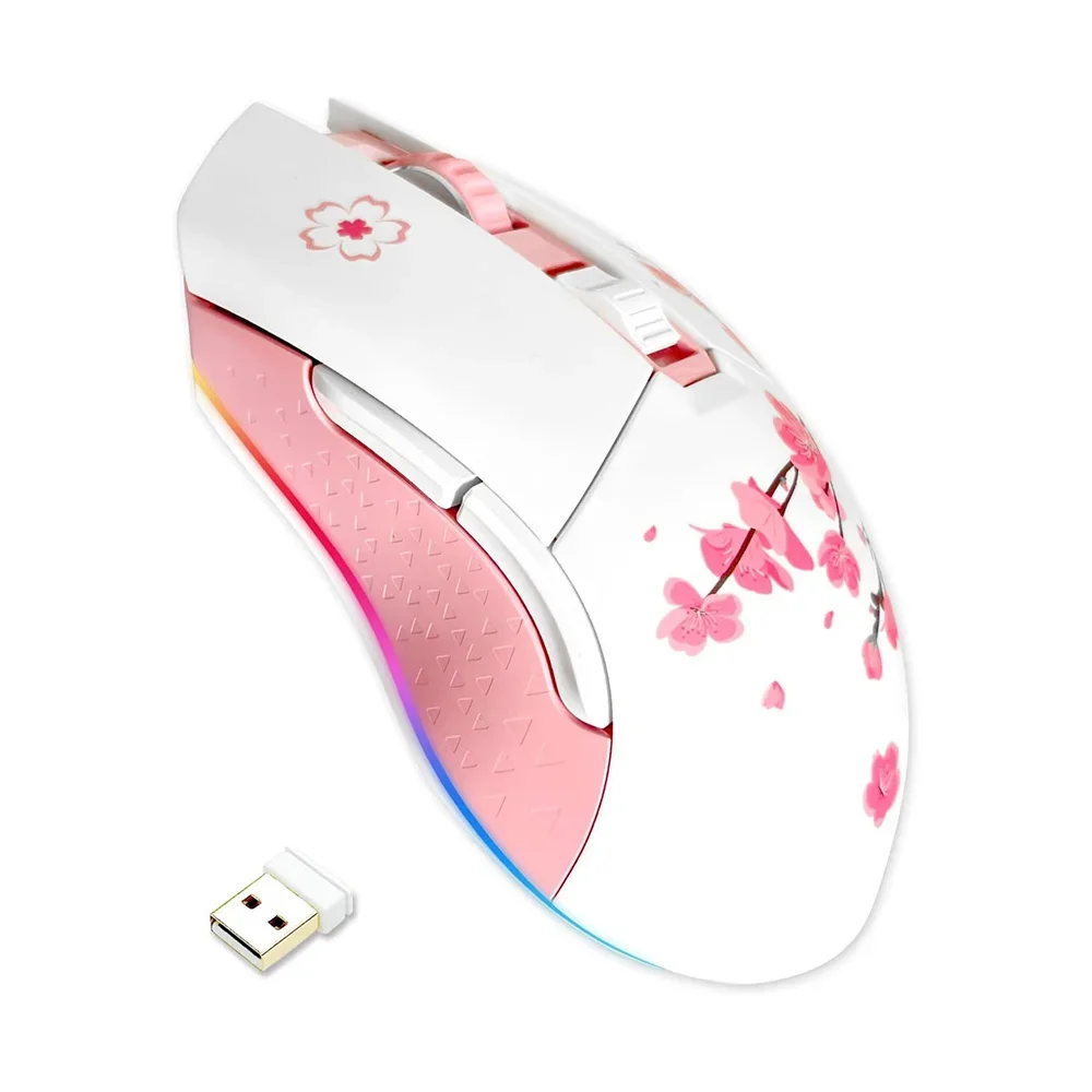 DAREU Sakura Pink Kabellose kabelgebundene Gaming-Maus, Dual-Mode, wiederaufladbar, 7 Tasten, DPI, RGB und 7 einstellbare DPI für PC, Notebook, Mac Image