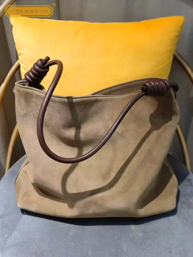 Herbst Frauen Echt Wildleder Leder Eimer Tasche Große Kapazität Casual Totes Handtasche Vintage Kuh Leder Knoten Unterarm Schulter Taschen