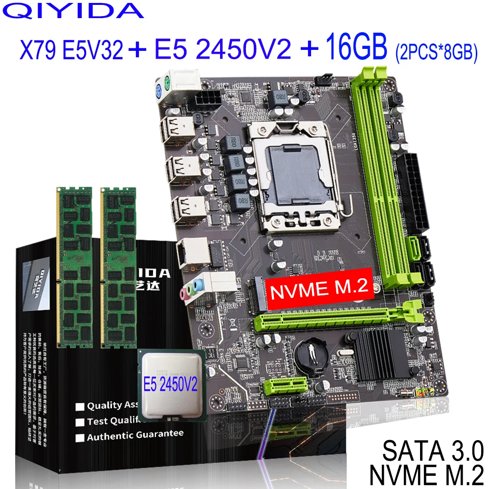 QIYIDA X79 Motherboard-Set mit LGA1356 Xeon E5 2450V2 CPU 2 Stück x 8 GB = 16 GB DDR3 REG ECC Speicher RAM SATA3.0 NVME M.2 X79 E5 V3 Image