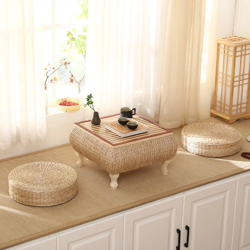 Japanischer Rattan-Tatami-Tisch für Balkon Erkerfenster kleiner Beistelltisch niedriger Tisch Couchtisch Schlafzimmerboden quadratischer Tisch Futonkissen