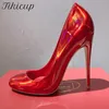 Tikicup Shiny Laser All Red Damen Runde Zehen High Heel Schuhe Hochzeit Party Slip On Braut Stiletto Pumps 10cm 12cm Größe 33-46