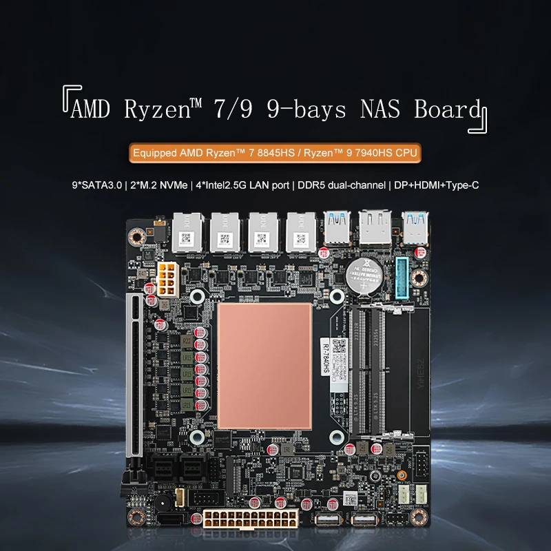 Amd ryzen 7 8845hs 9 sata 3,0 nas board asm1166 chip 4 * i226 2,5g 2 * m.2nvme pcle 16x2 * ddr5 tpye-c hdmi dp 17 x17 mini itx board Image