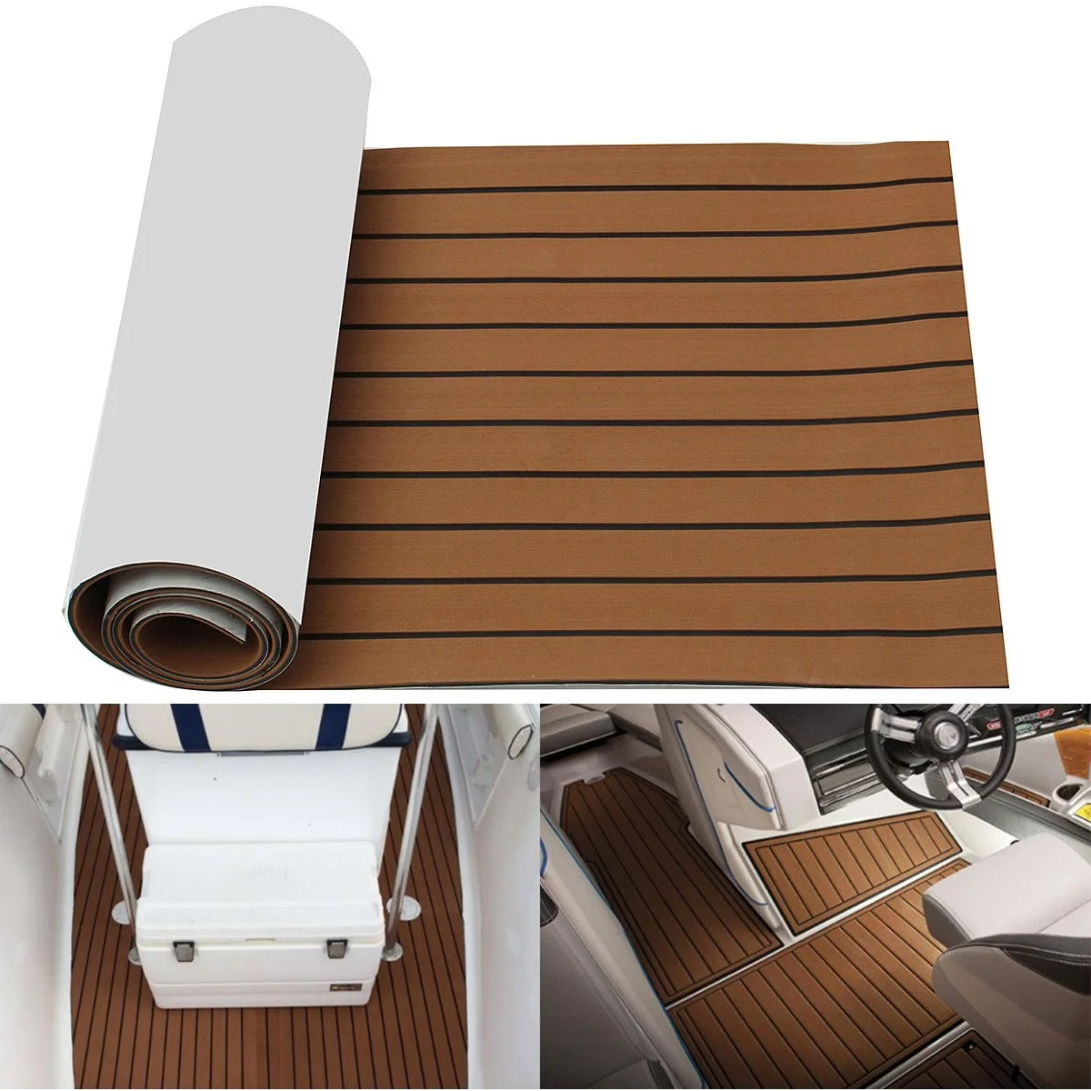 Selbstklebendes 2,4 m Schaumstoff-Teak-Terrassendielen, EVA-Schaum, Marine-Bodenbelag, künstliches Boot, Terrassendielen, Zubehör, Marine, Braun, Schwarz