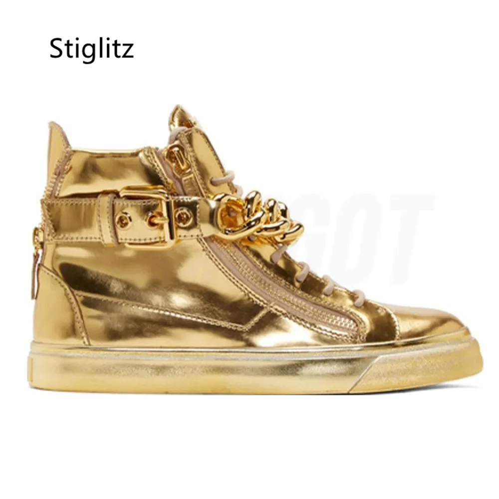 Gold Silber Kette High-Top Herren schuhe Casual Sneakers Schuhe schweiß absorbierende atmungsaktive Spiegel Leder Paar Schuhe Stiefeletten