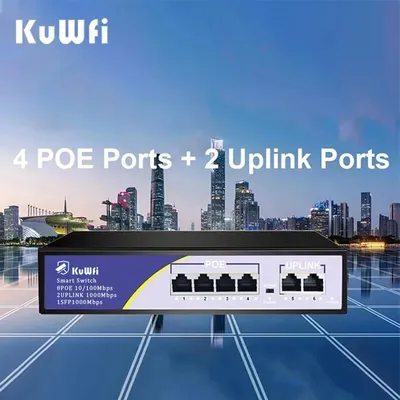 KuWFi POE Switch 6 Port 100 Mbit/s Ethernet Smart Switch 4 PoE+2 UpLink mit interner Stromversorgung Office Home Network Hub für IP-Kamera