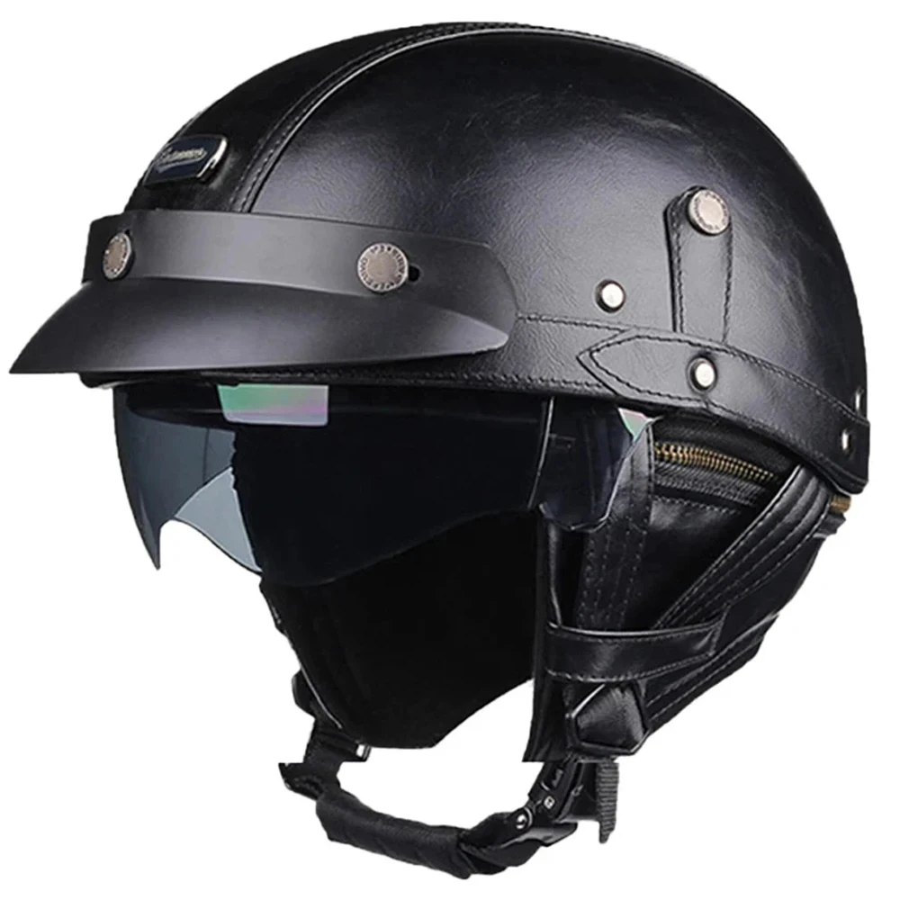 Motorrad Leder Retro Capacete De Moto Roller Motorrad Helm Deutsch Dot Sicherheit Vintage Casco Moto Vier Jahreszeiten Helm Image