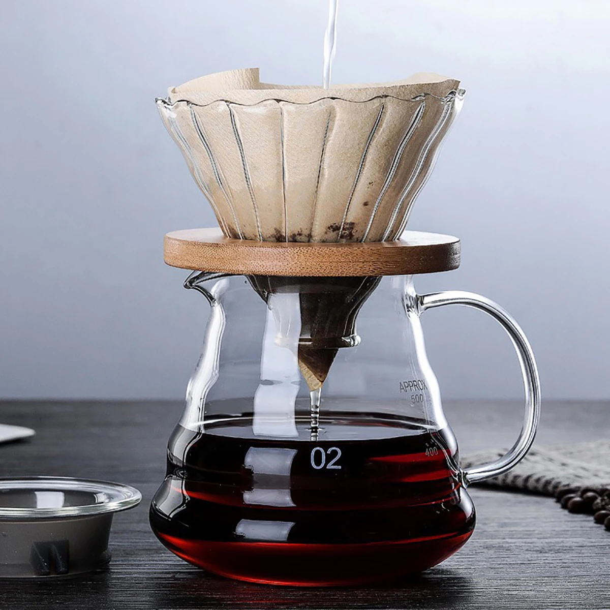 Großhandel benutzer definierte gießen über Kaffee & Tee Tropfer tragbare wieder verwendbare clevere Smart Glas filter mit Holzboden für Travel Camp Image