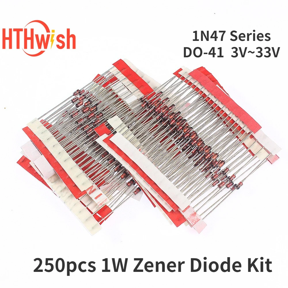 250PCS 1W Zener Diode Kit 25 Werte 3V ~ 33V 1N47 Serie DO-41 Spannungsregler Dioden Set 3V 3V3 3V6 3V9 4V3 4V7 5V1 5V6 6V2 6V8 Image