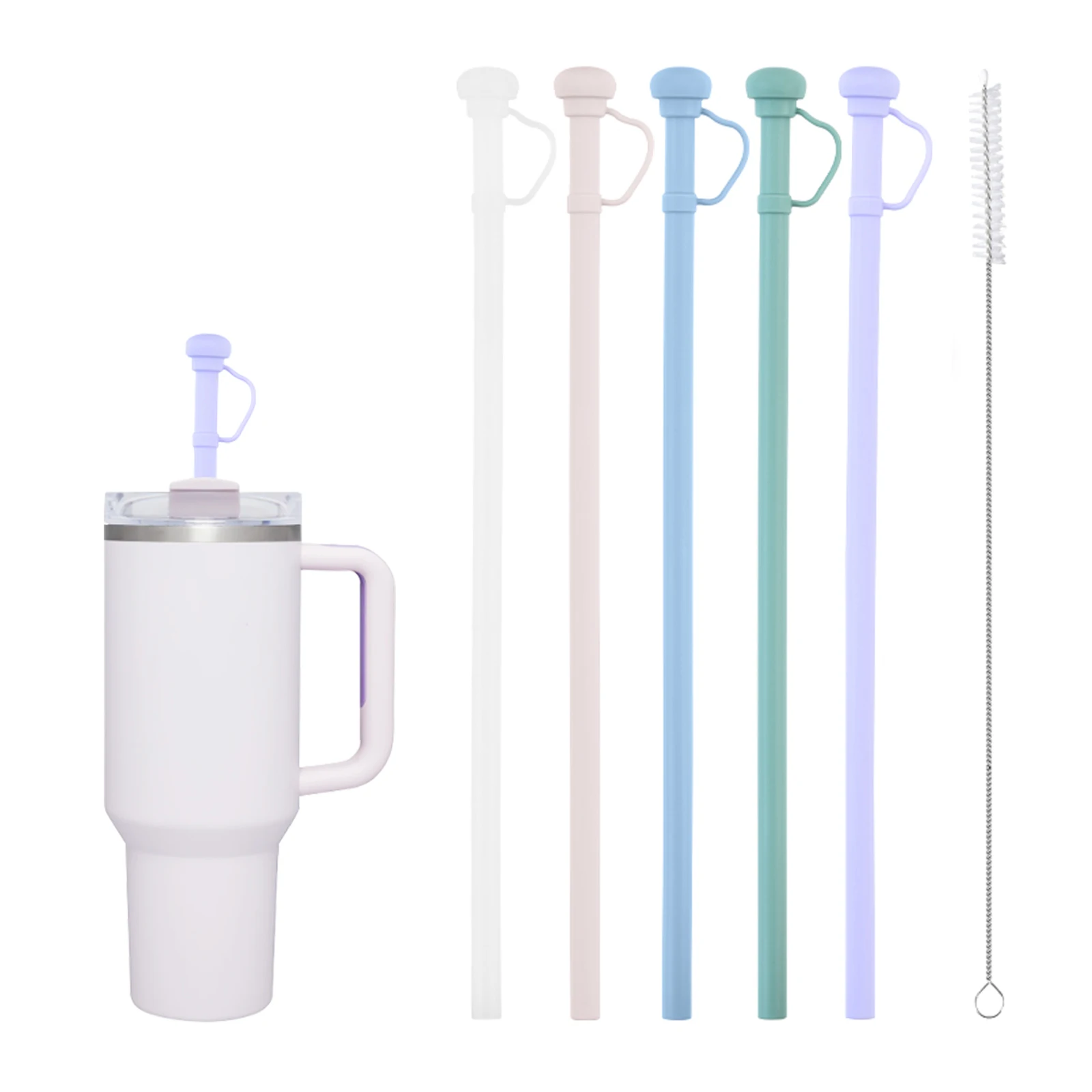 Silikon-Strohhalm mit Strohhalm-Abdeckung, wiederverwendbarer 12-Zoll-Strohhalm für Stanley Tumbler-Zubehör, staubdichter Strohhalm mit Reinigungsbürste Image
